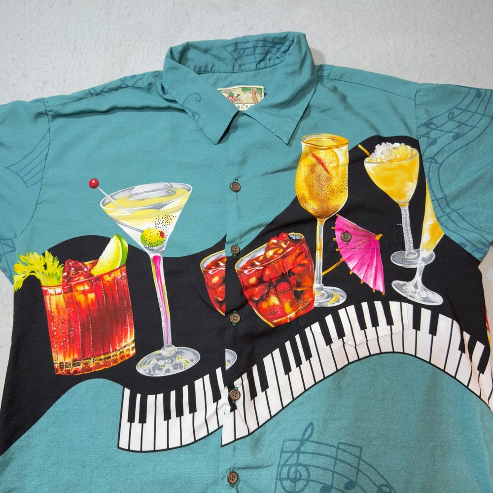 Tori Richard Shirt Mens XL Teal Good Cocktails Piano Music Rayon Made in Hawaii